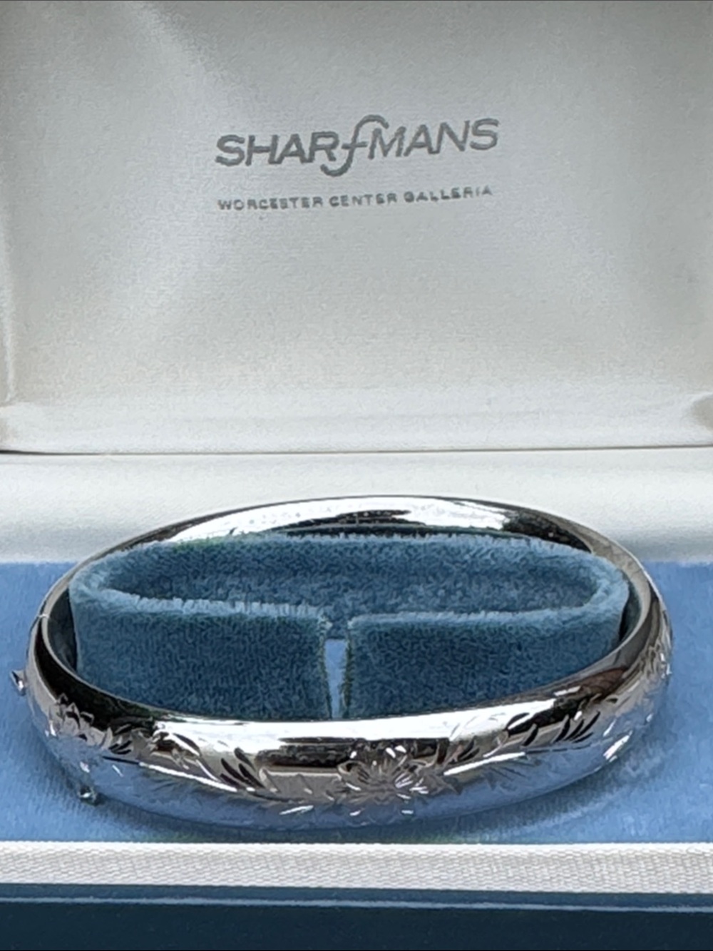 STERLING SILVER FLORAL ETCHED HINGED BANGLE BRACELET WITH SAFETY CHAIN AND BOX